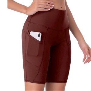 NEW! Yoga Shorts Side Pockets High Waist Tummy Control Workout Run Rust Medium